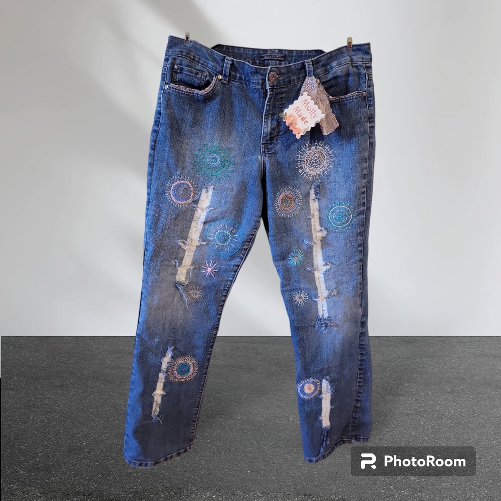 HAND CRAFTED Jeans UPCYCLED Blue Denim Floral Embroirdery Geometric Size 14